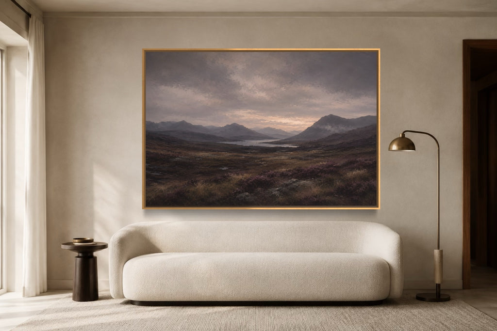 Highland Dusk atmospheric landscape wall art above a curved ivory sofa