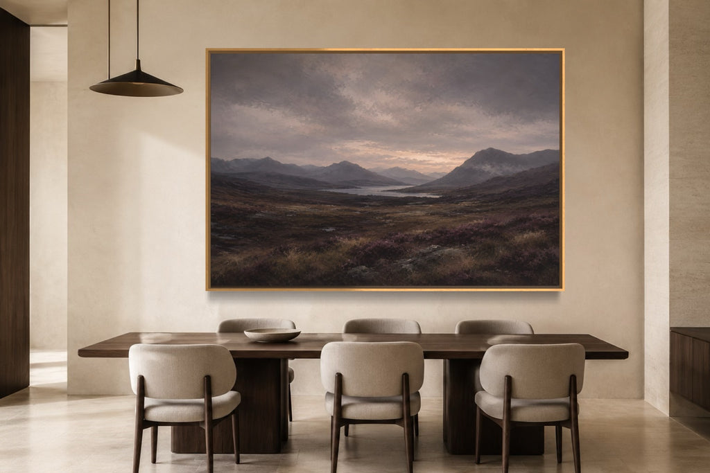 Highland Dusk atmospheric landscape wall art above a walnut dining table