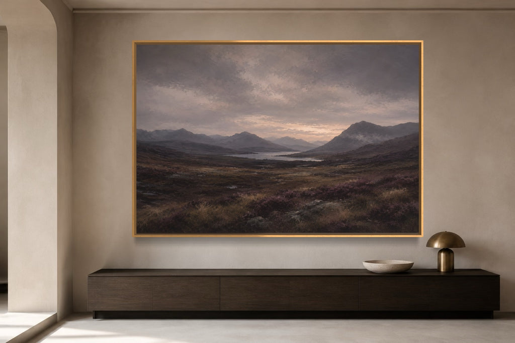 Highland Dusk dark landscape wall art above a low walnut console