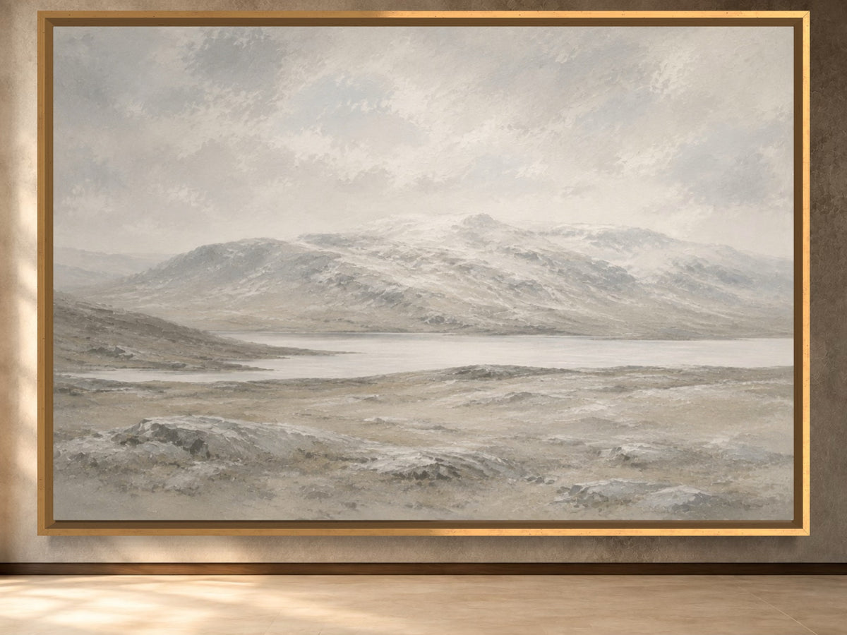 Winter Stone pale neutral Scottish landscape wall art in a gold frame, product view