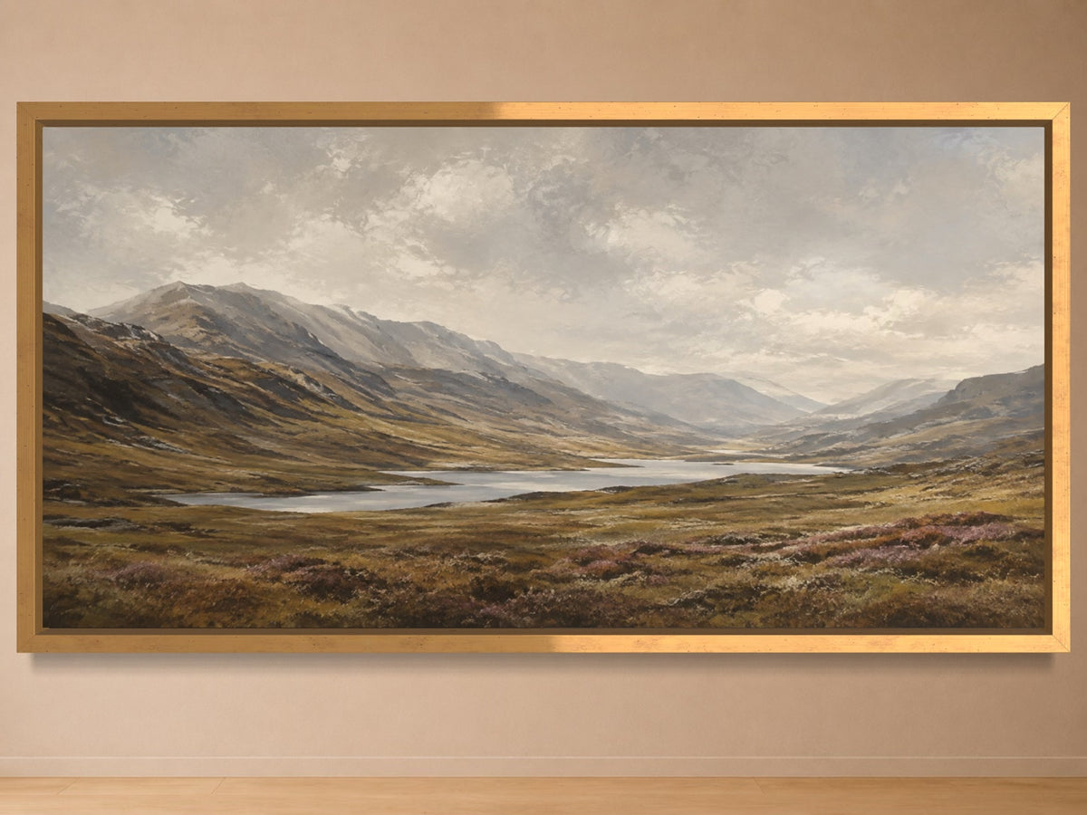 The Long Glen panoramic Highland landscape wall art in a gold frame