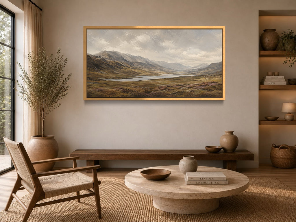 The Long Glen panoramic Highland landscape wall art in a warm natural living room
