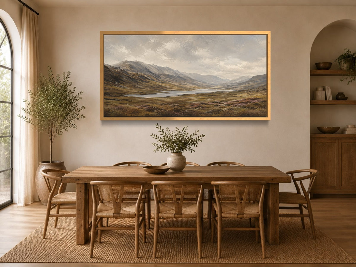 The Long Glen panoramic Highland landscape wall art above a rustic dining table