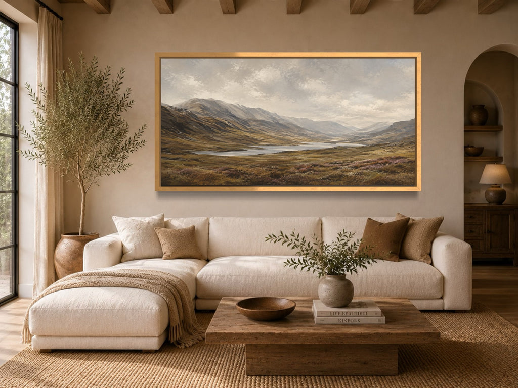 The Long Glen panoramic Highland landscape wall art above a neutral sofa
