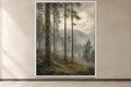 Caledonian Pines dark misty Scottish forest wall art in a white frame, product view