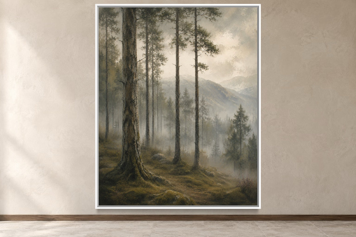 Caledonian Pines dark misty Scottish forest wall art in a white frame, product view