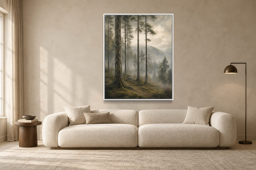Caledonian Pines portrait woodland wall art above a cream sofa