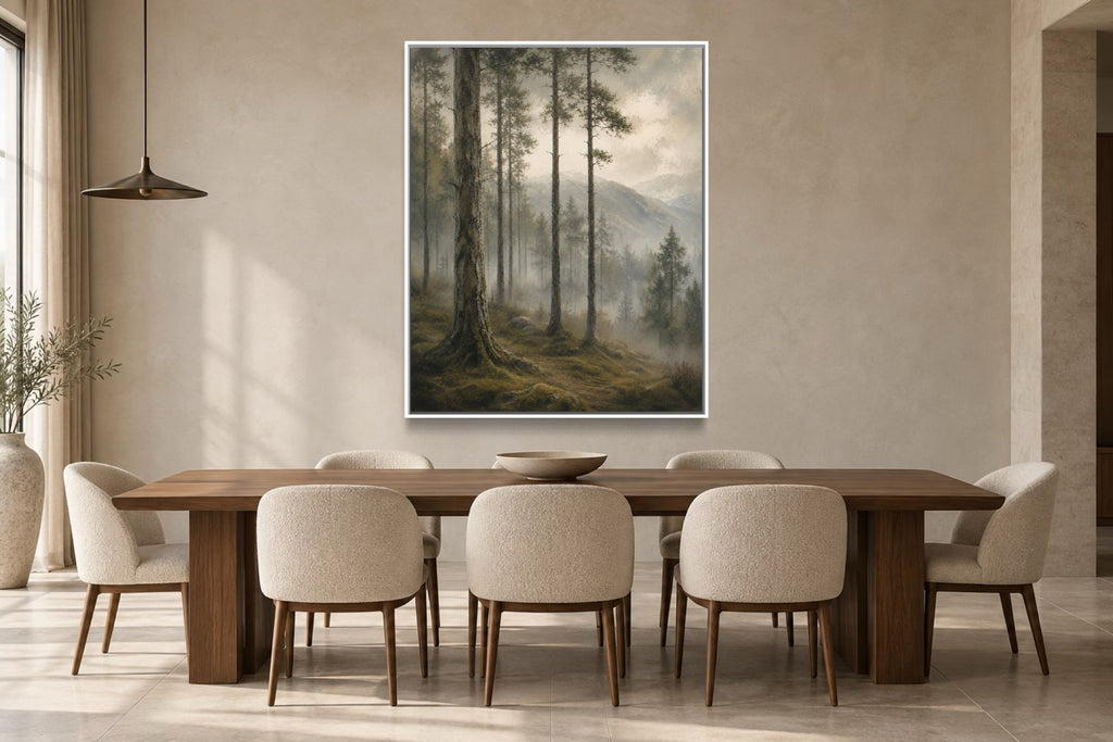 Caledonian Pines dark forest wall art above a walnut dining table