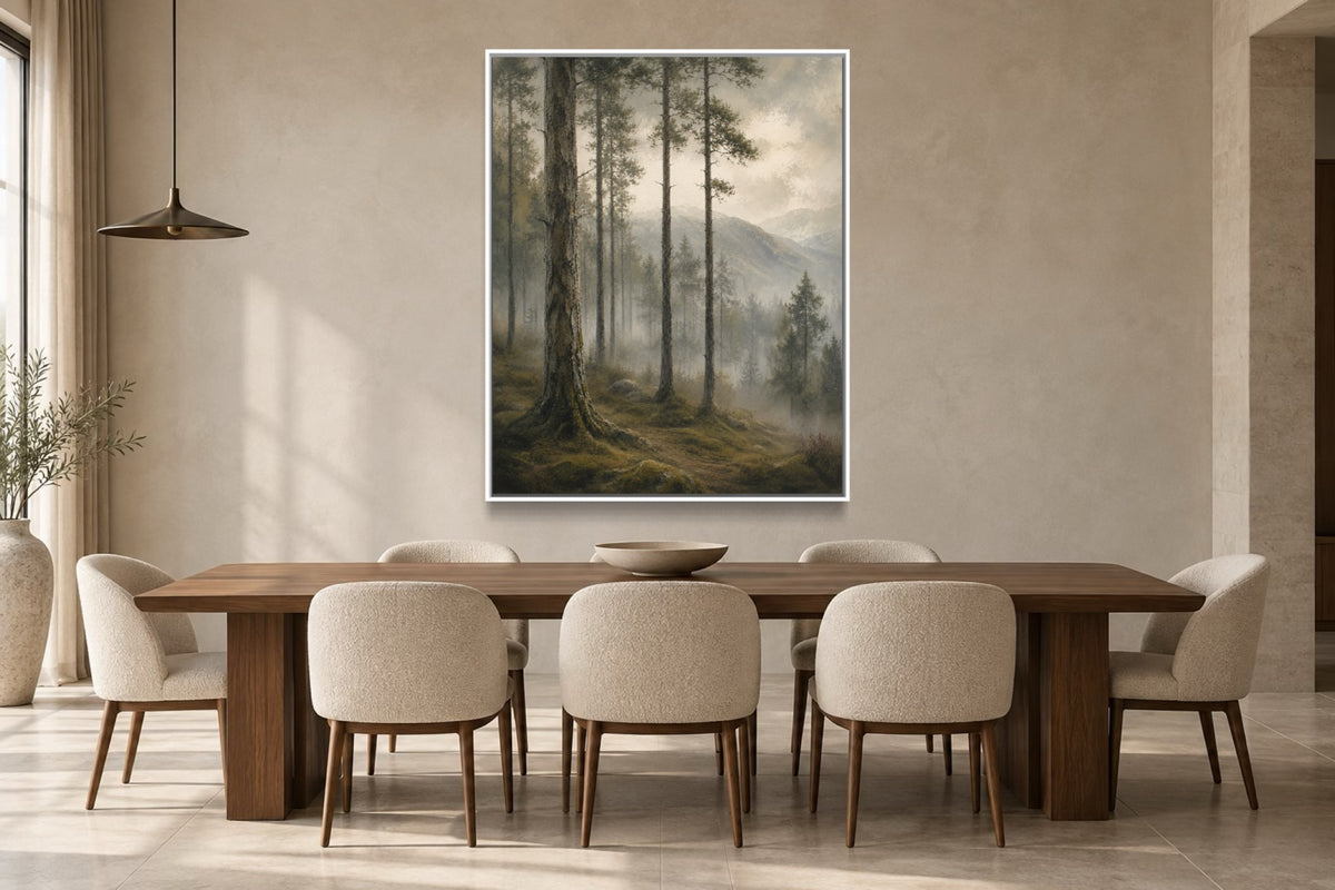 Caledonian Pines dark forest wall art above a walnut dining table