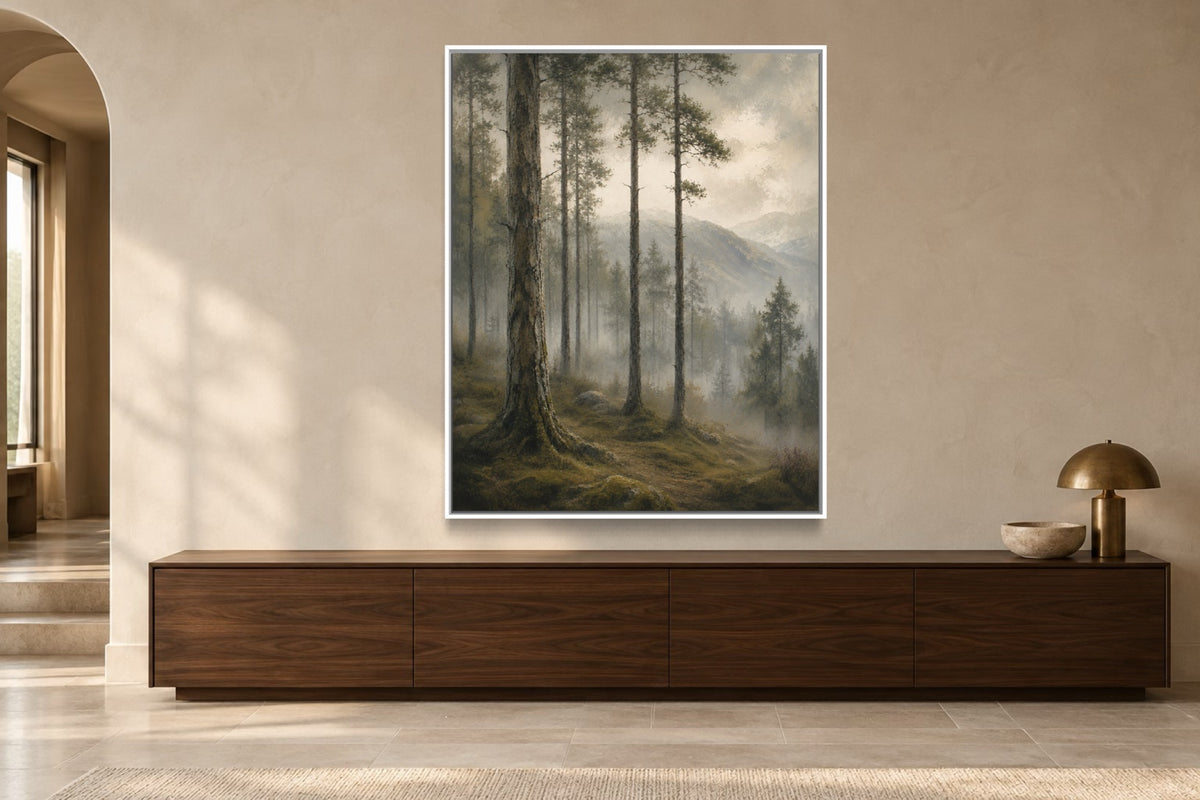 Caledonian Pines misty woodland wall art above a dark walnut console