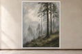 Pine Mist light misty pine forest wall art in a white frame, product view
