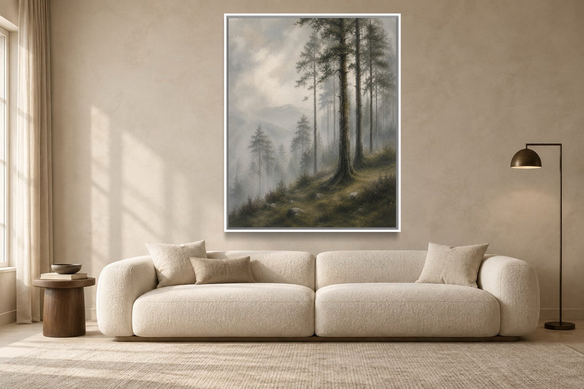 Pine Mist portrait forest wall art above a cream sofa