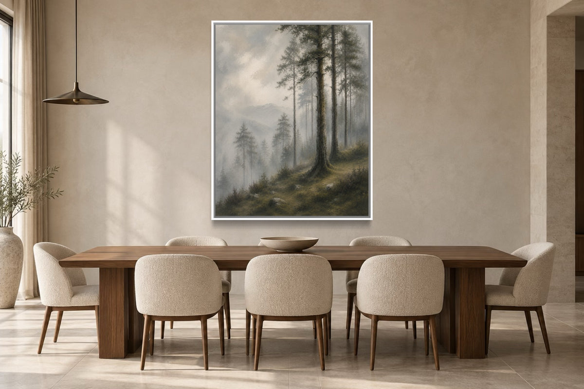 Pine Mist portrait woodland wall art above a walnut dining table