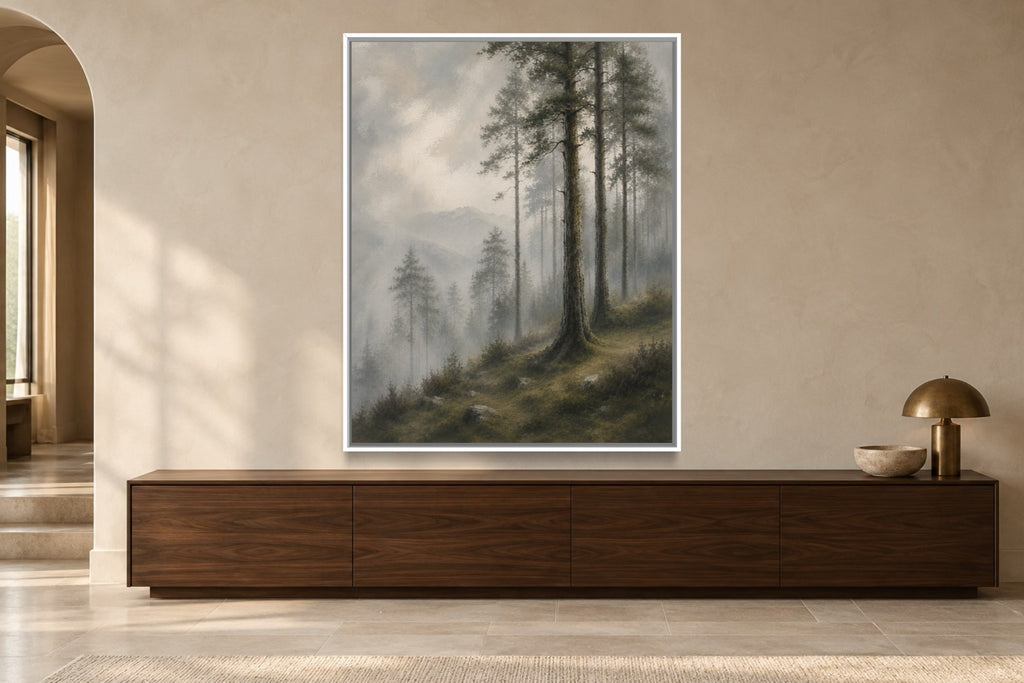 Pine Mist misty pine forest wall art above a dark walnut console