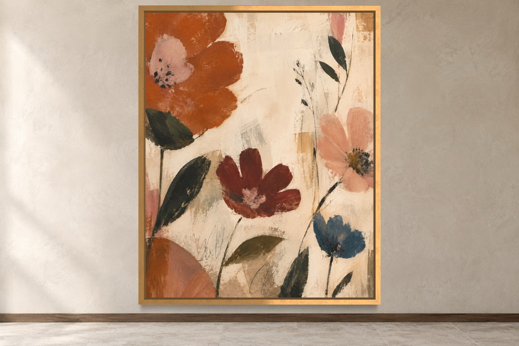 Folk Garden modern folk floral wall art in a gold frame, product view