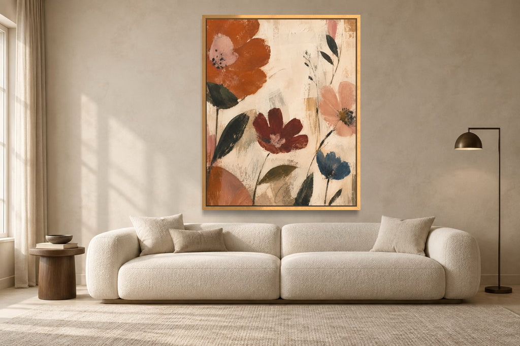 Folk Garden modern floral wall art styled above an ivory sofa