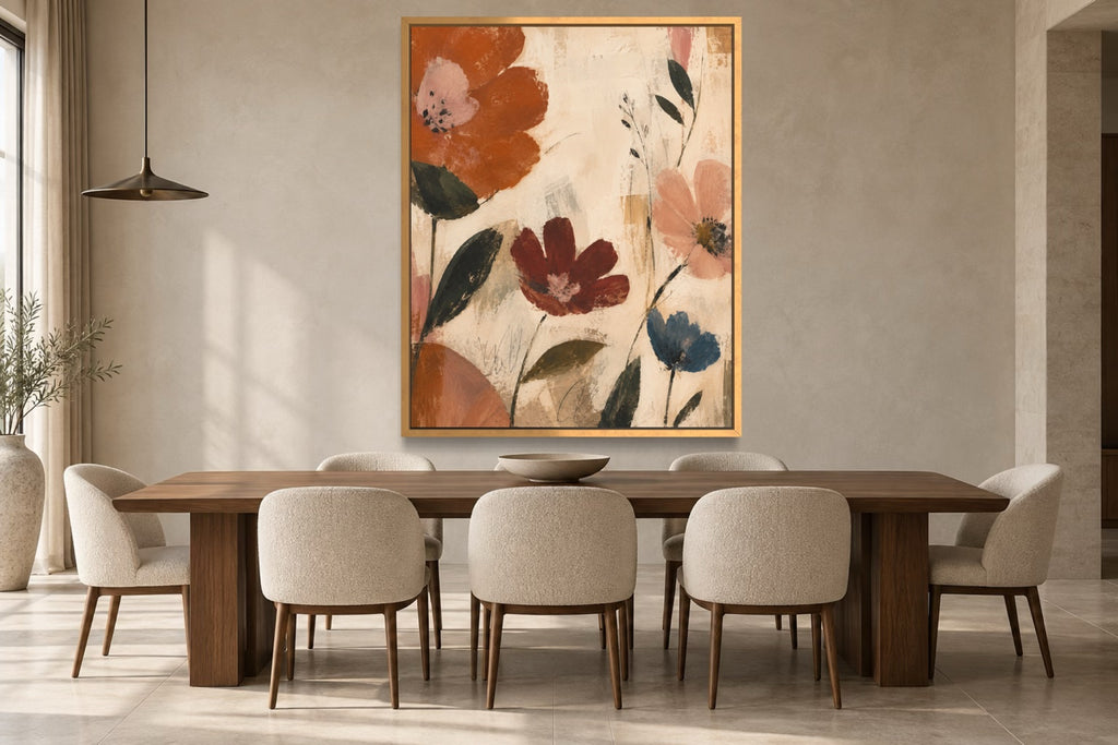 Folk Garden portrait floral wall art styled above a walnut dining table