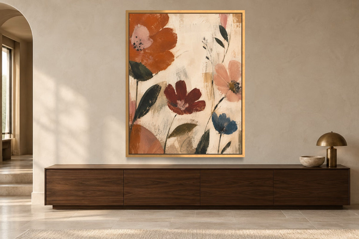 Folk Garden floral wall art styled above a walnut console