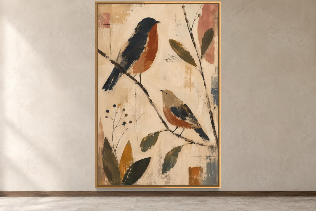 Two Birds modern folk bird wall art in a gold frame, product view