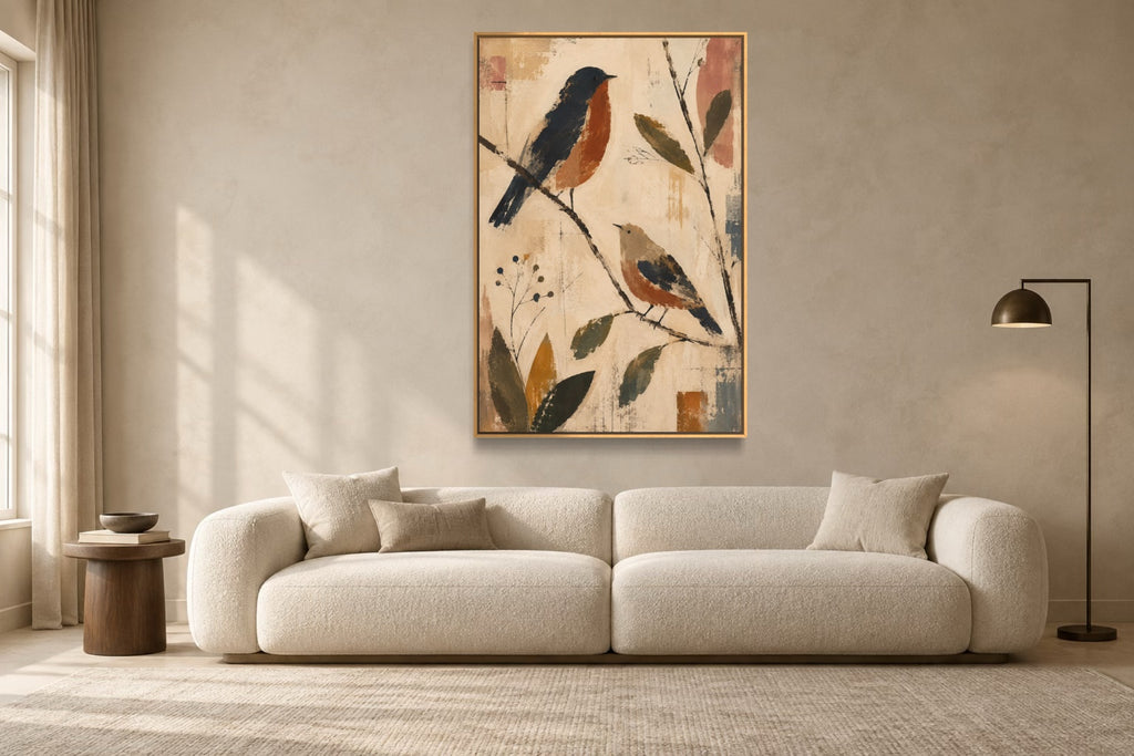 Two Birds portrait folk wall art styled above an ivory sofa
