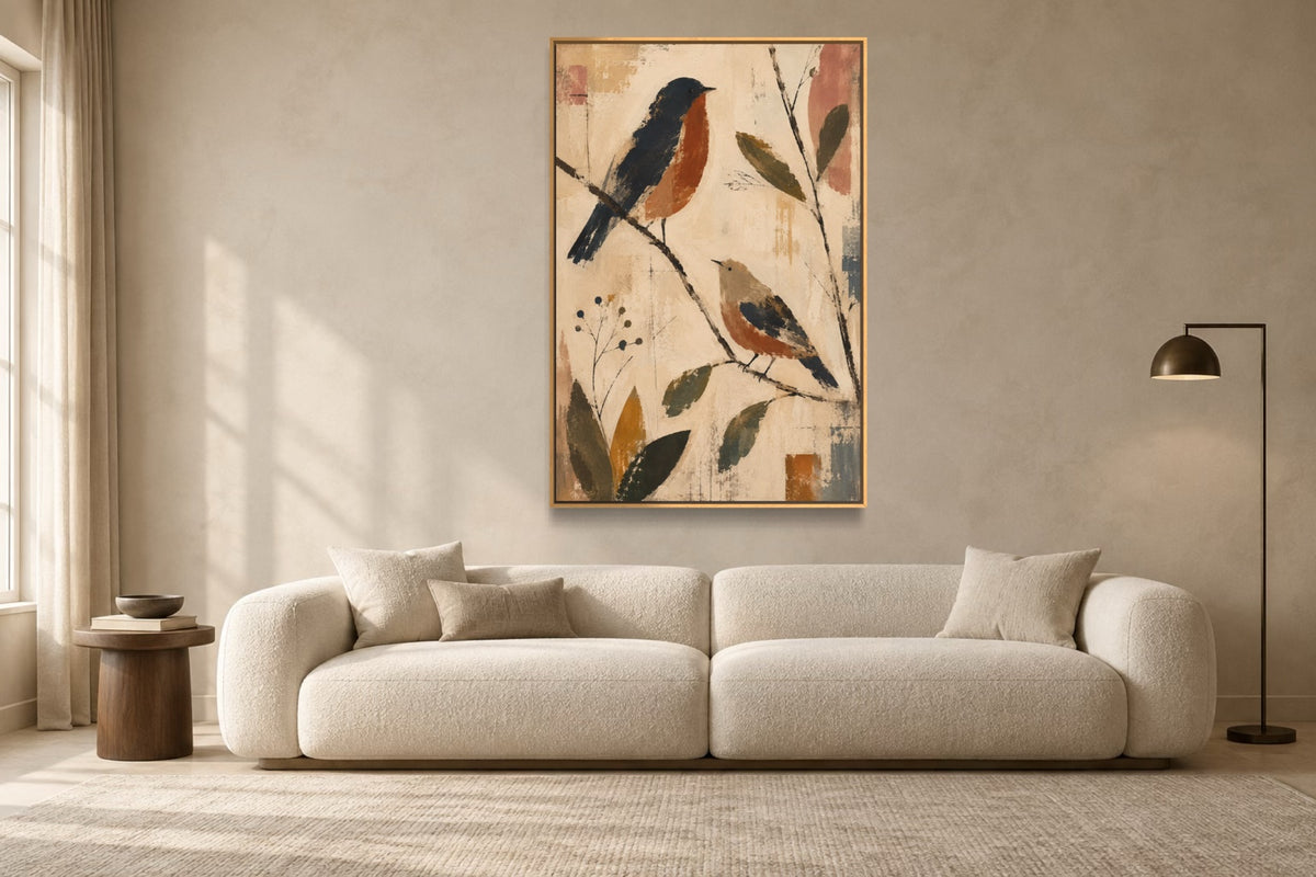 Two Birds portrait folk wall art styled above an ivory sofa