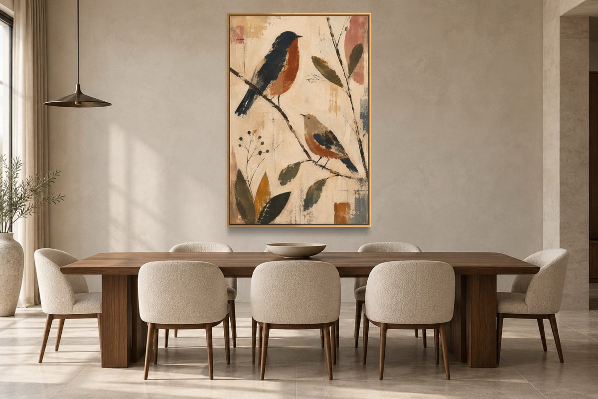 Two Birds folk bird wall art styled above a walnut dining table