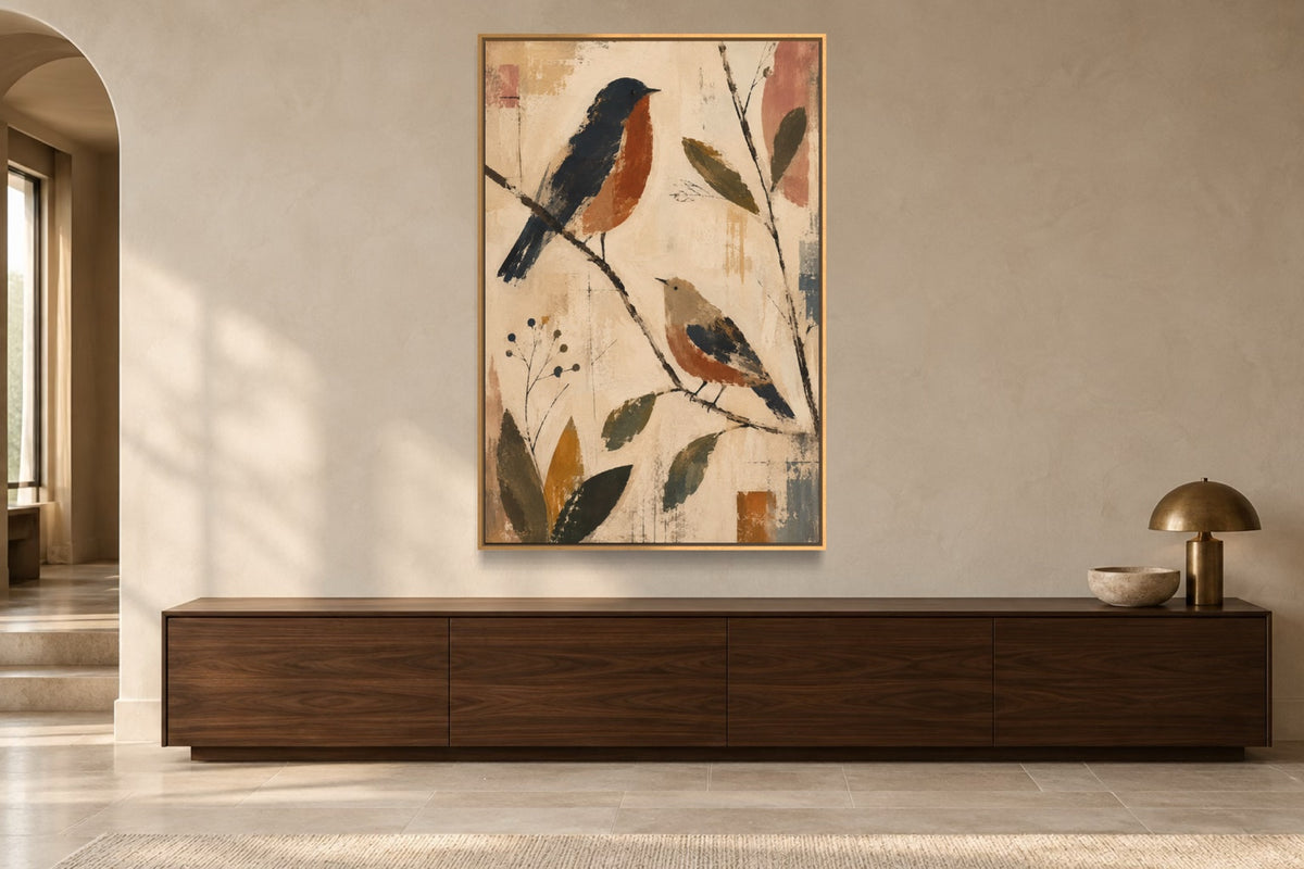 Two Birds portrait wall art styled above a walnut console