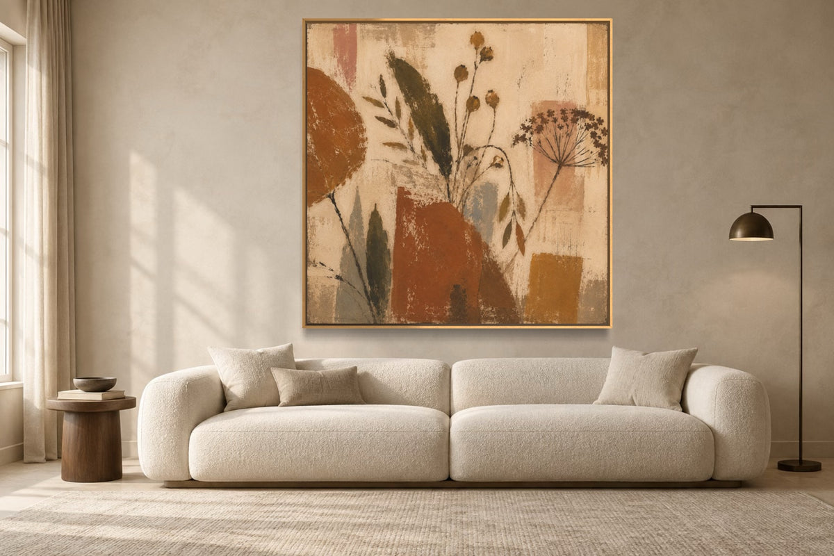 Harvest square botanical wall art styled above an ivory sofa