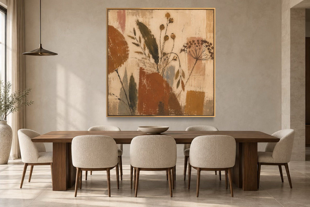 Harvest warm folk wall art styled above a walnut dining table