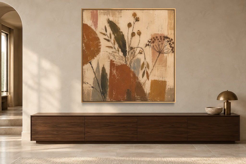 Harvest square botanical wall art styled above a walnut console