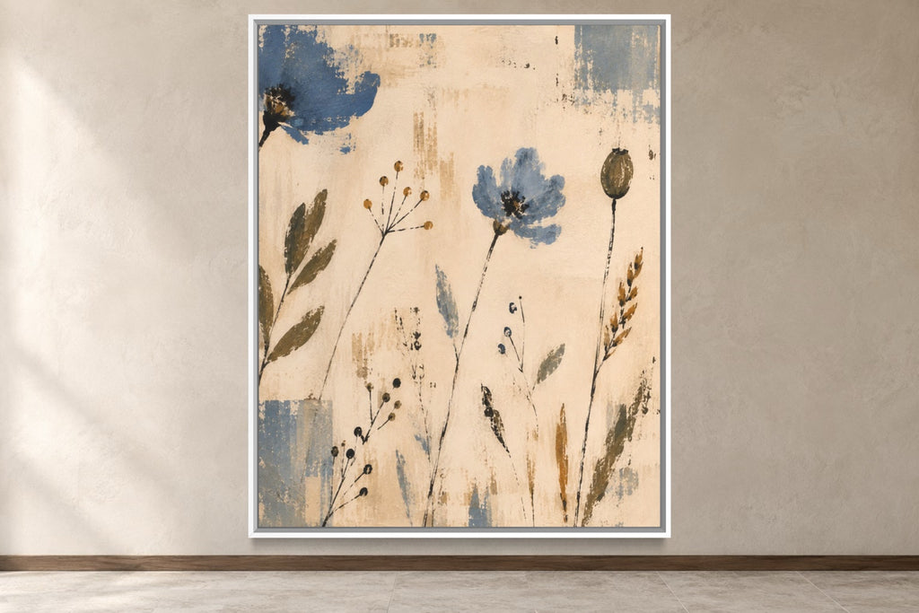 Blue Meadow modern folk wildflower wall art in a white frame, product view