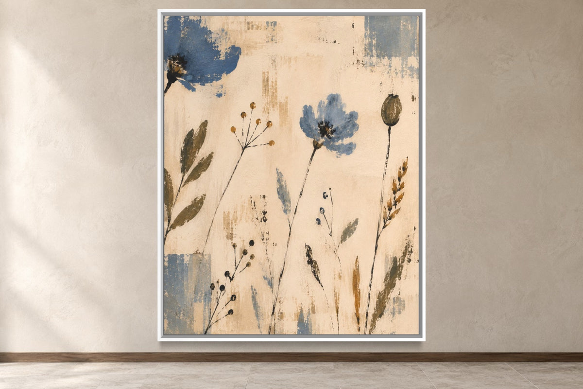 Blue Meadow modern folk wildflower wall art in a white frame, product view