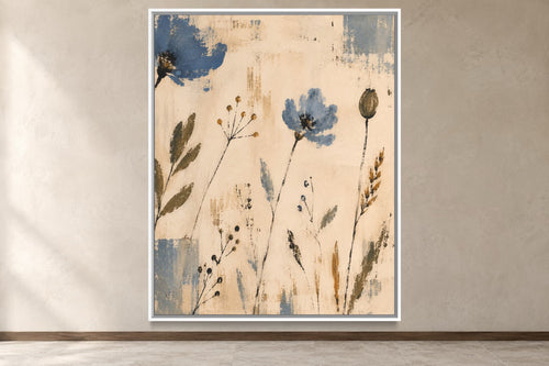 Blue Meadow modern folk wildflower wall art in a white frame, product view