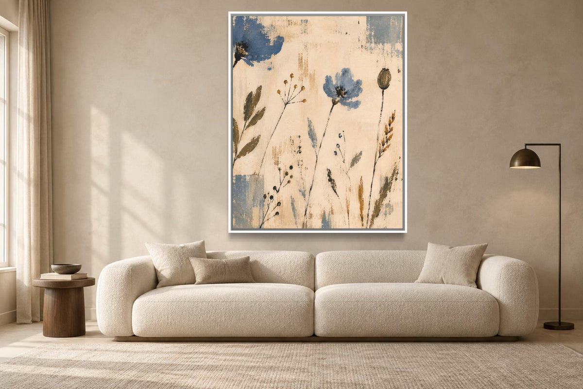 Blue Meadow portrait botanical wall art styled above an ivory sofa