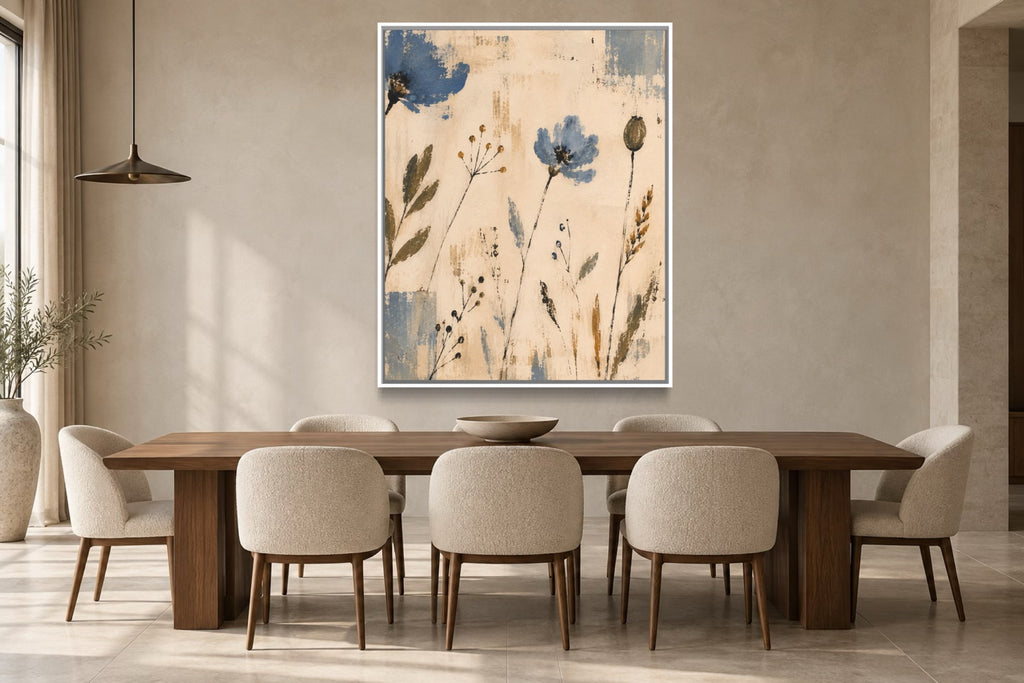 Blue Meadow blue wildflower wall art styled above a walnut dining table
