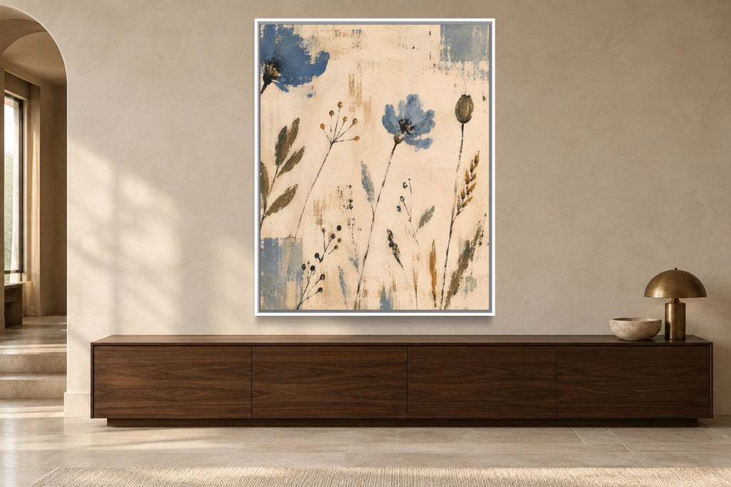 Blue Meadow portrait botanical wall art styled above a walnut console