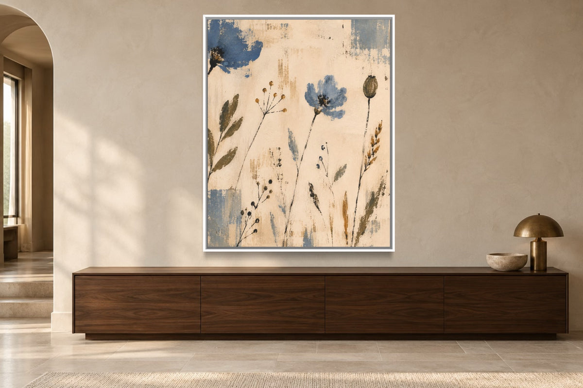 Blue Meadow portrait botanical wall art styled above a walnut console