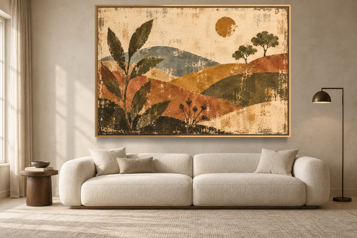Painted Hills landscape wall art styled above an ivory sofa