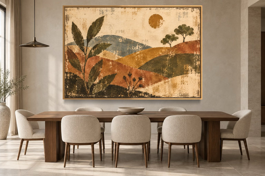 Painted Hills warm folk landscape styled above a walnut dining table