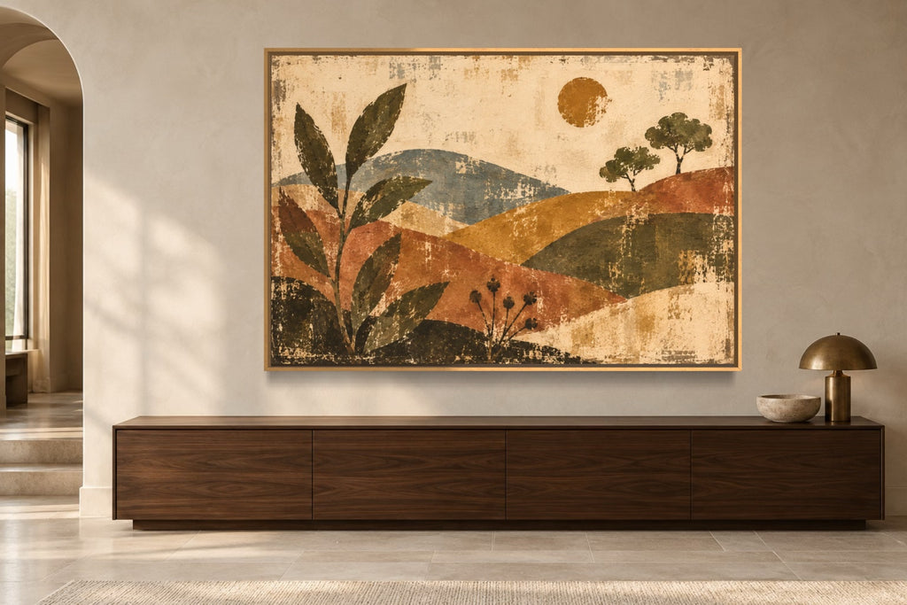 Painted Hills landscape wall art styled above a walnut console