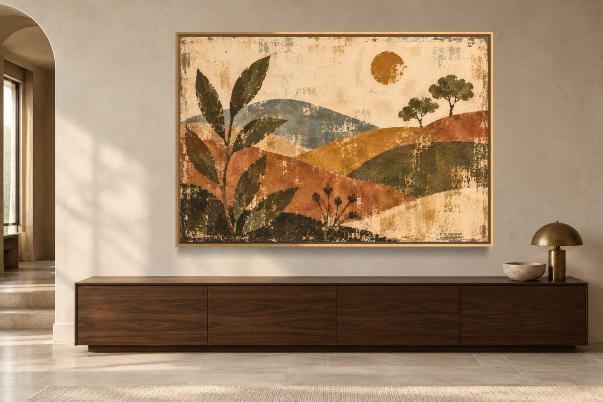 Painted Hills landscape wall art styled above a walnut console