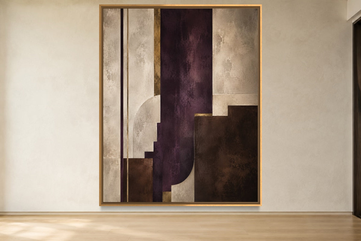 Plum Axis plum, ivory and brass geometric abstract wall art in a gold frame