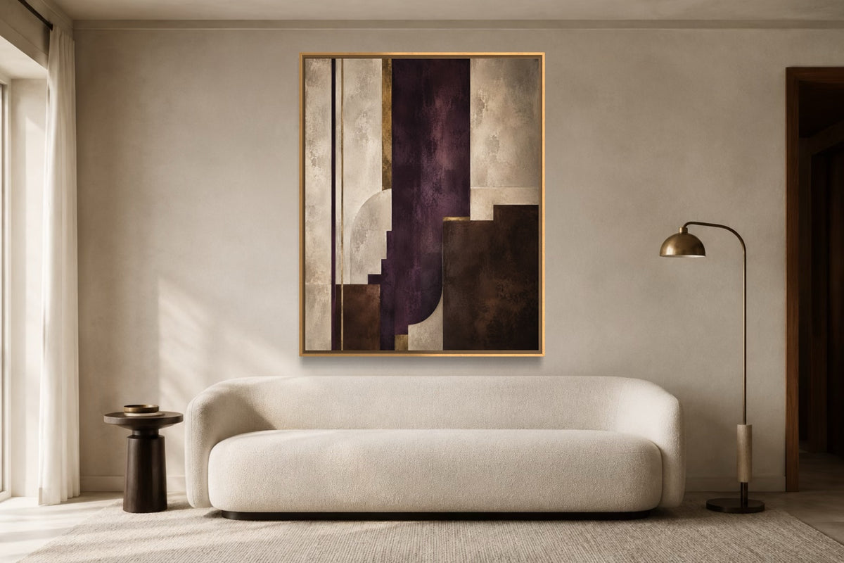 Plum Axis plum and ivory abstract wall art above an ivory sofa in a contemporary living room