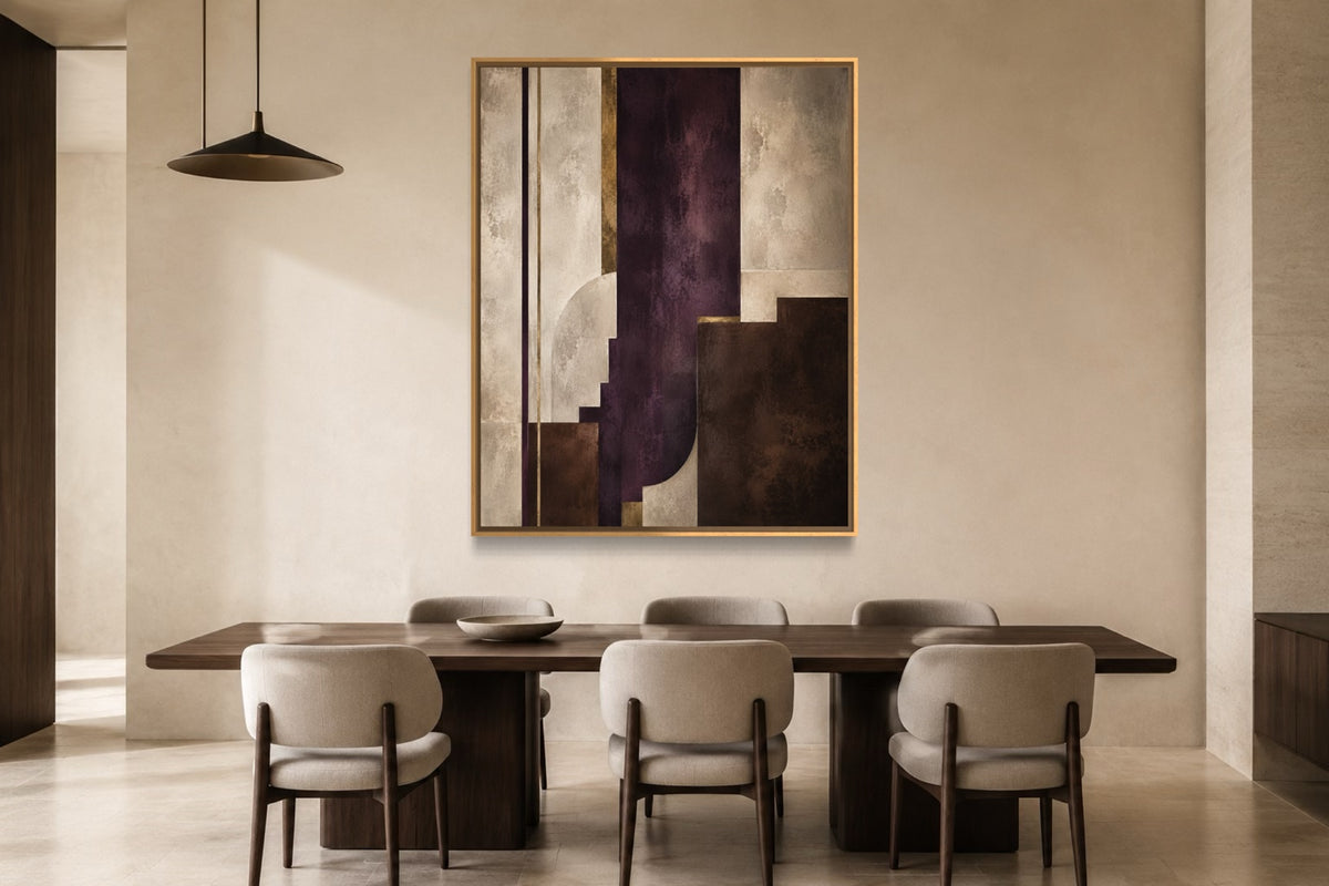 Plum Axis plum and brass abstract wall art above a dark walnut dining table
