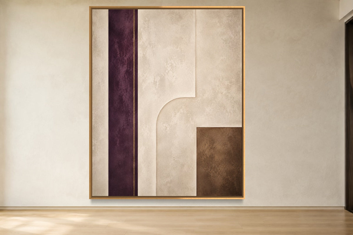 Plum Interval plum, ivory and chocolate portrait geometric abstract wall art in a gold frame