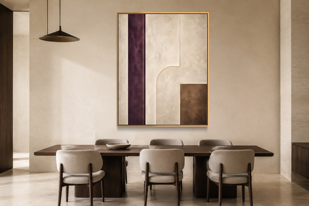 Plum Interval architectural portrait abstract wall art above a dark walnut dining table