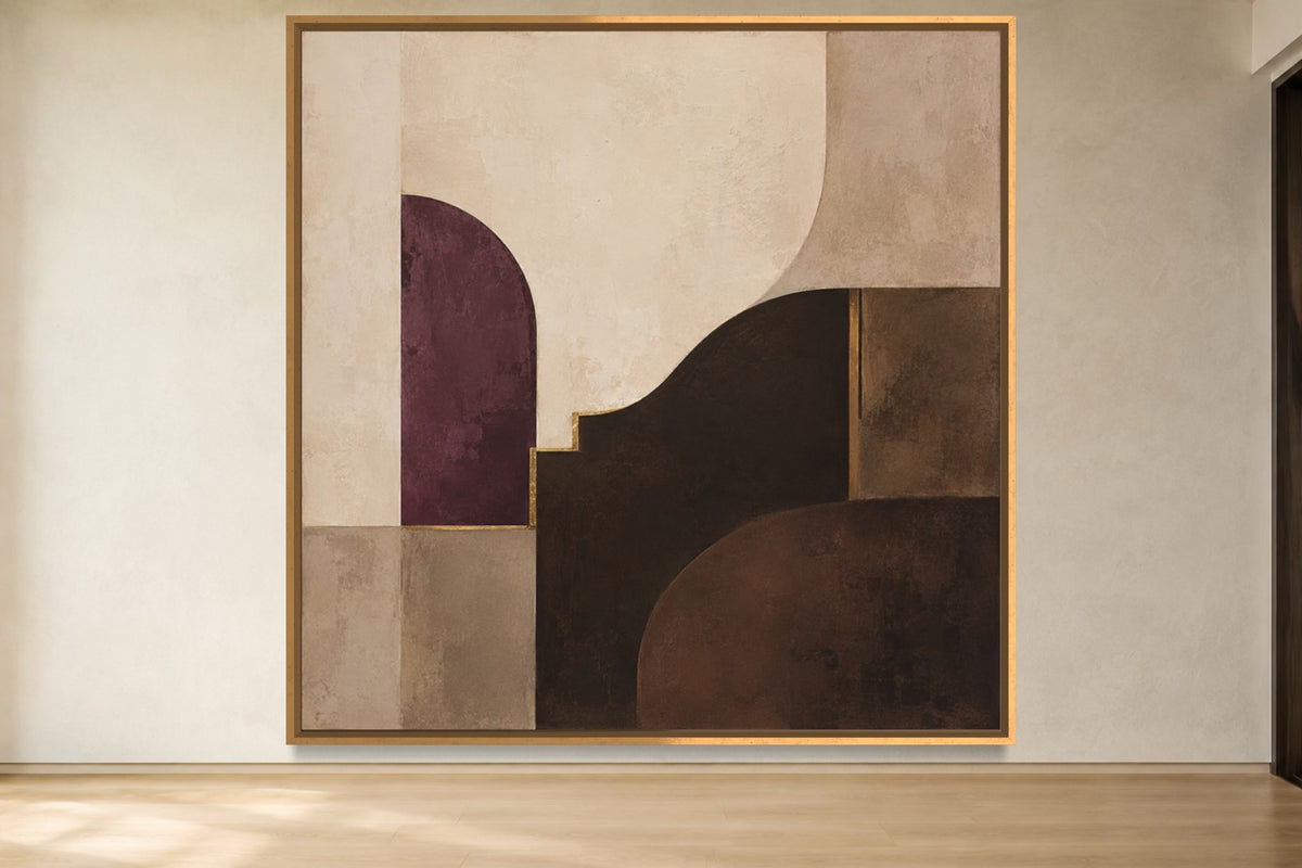 Plum Chamber square plum and chocolate geometric abstract wall art in a warm neutral interior