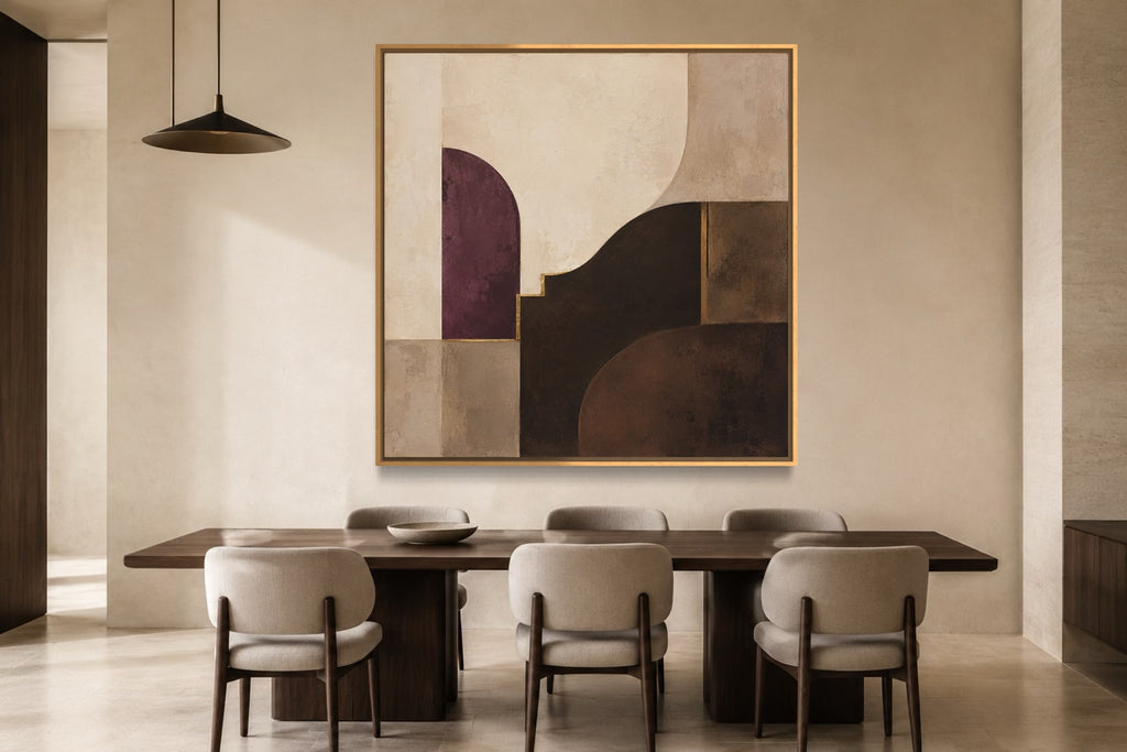 Plum Chamber square plum abstract wall art in a contemporary dining room