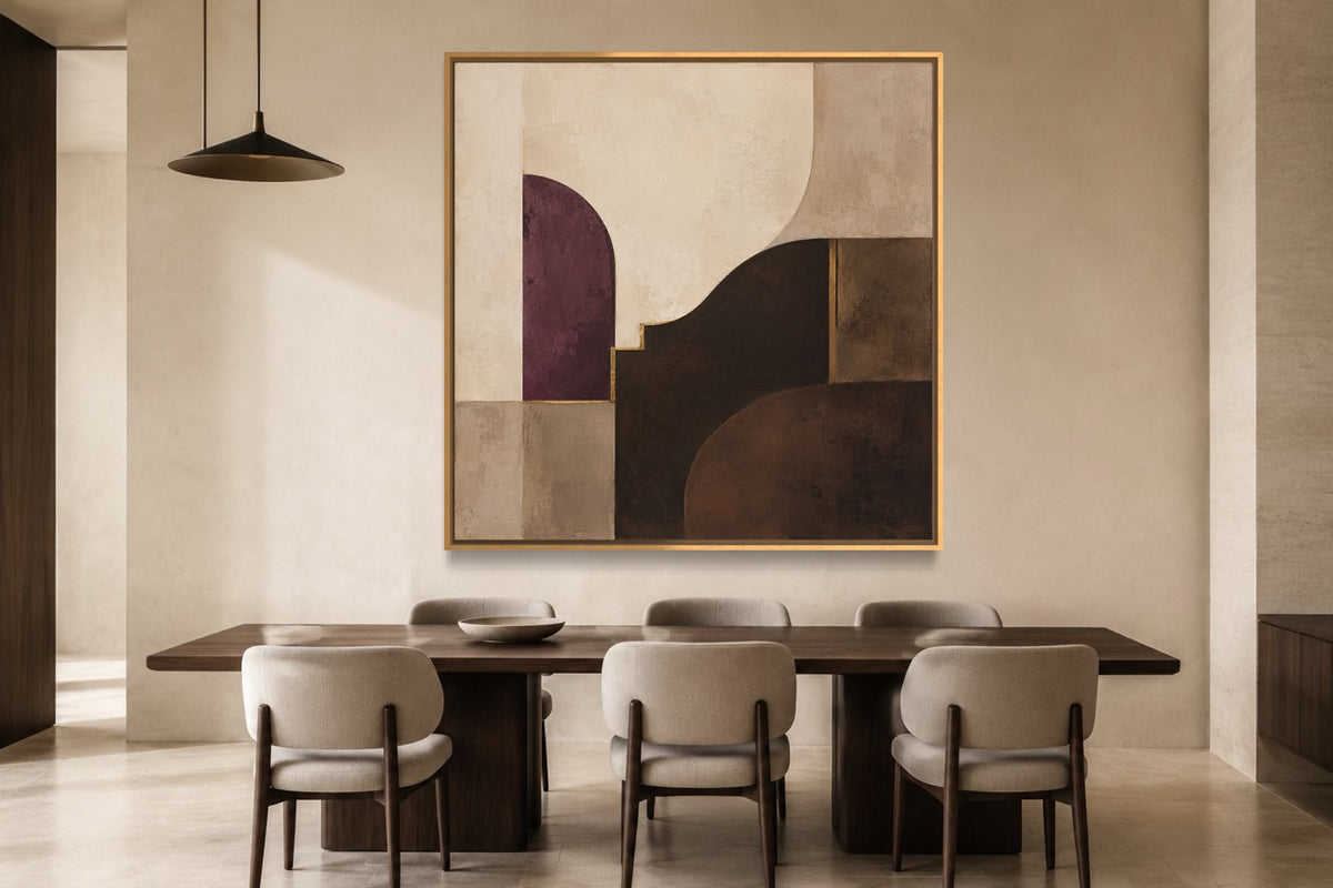Plum Chamber square plum abstract wall art in a contemporary dining room
