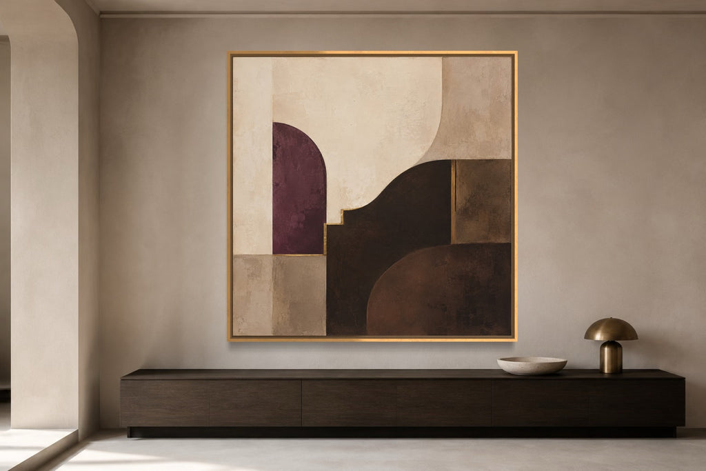 Plum Chamber square architectural abstract wall art above a dark wood console